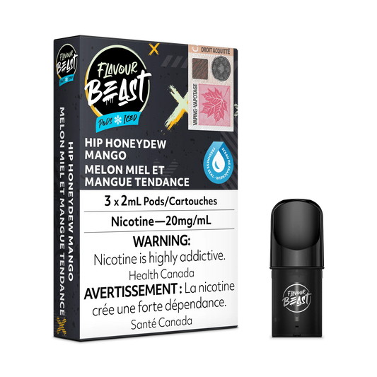 Flavour Beast Flow Hip Honeydew Mango Iced pods, 3-pack, with a single black pod.