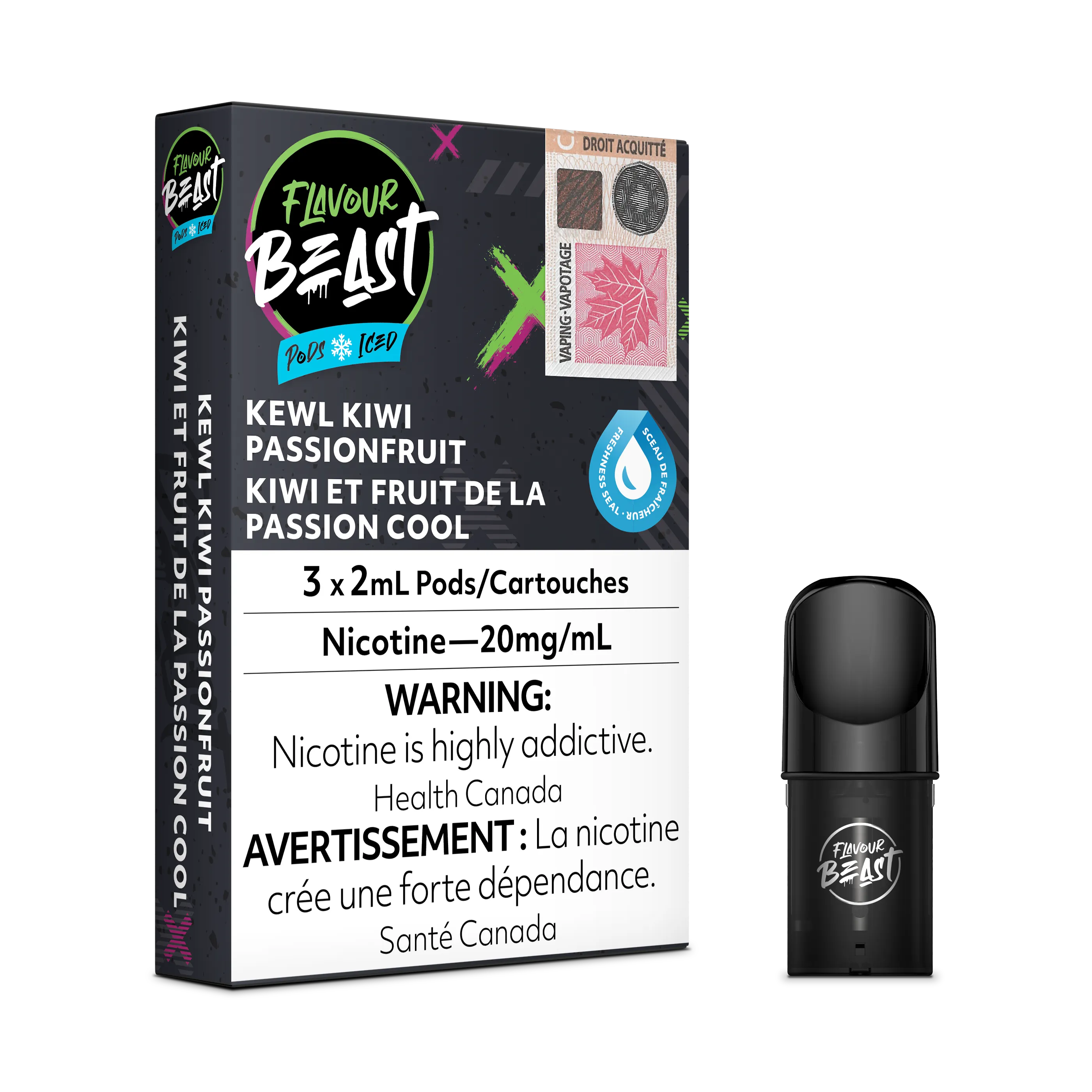 Flavour Beast Flow Pods, Kewl Kiwi Passionfruit Iced, 3-pack box with a single black pod.