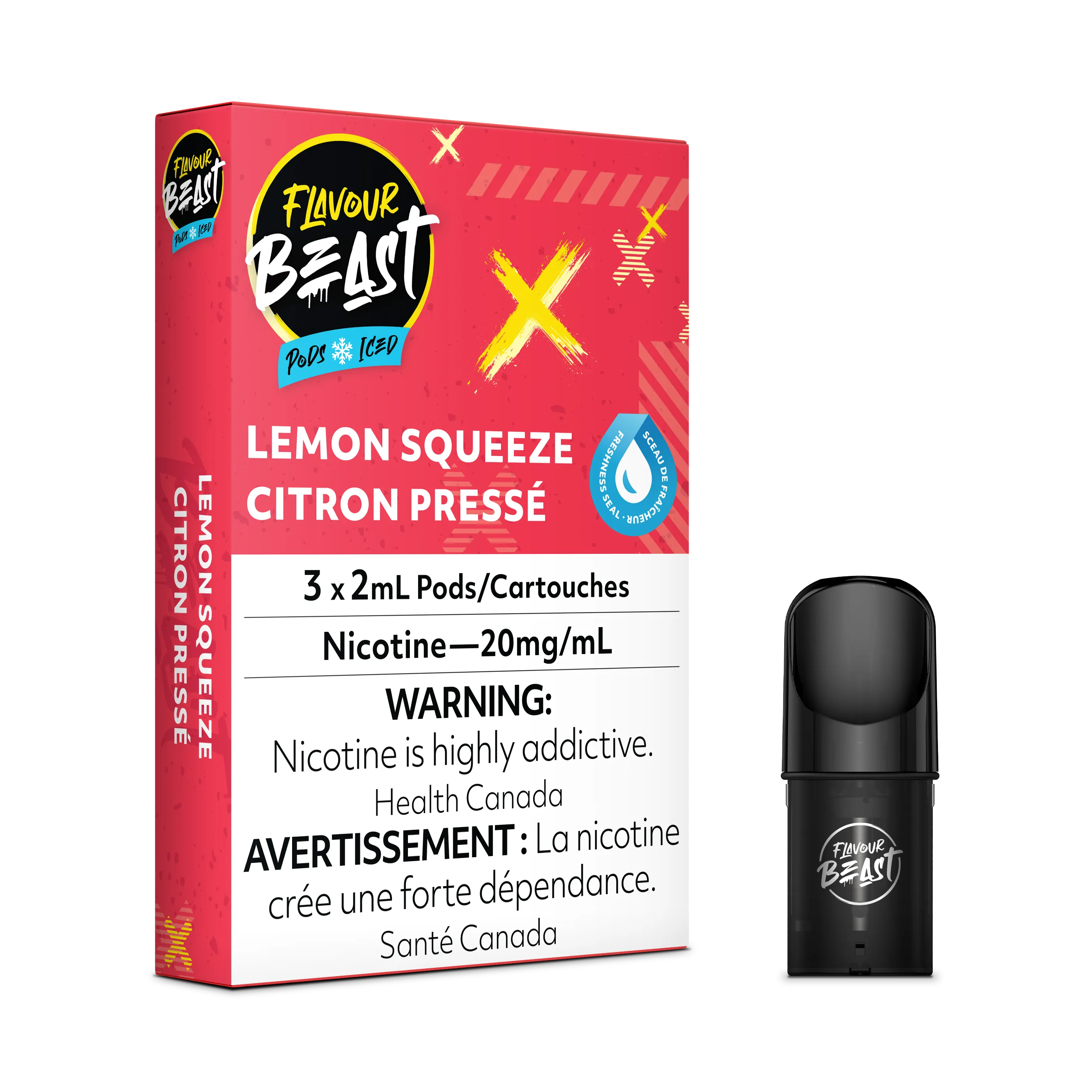 Flavour Beast Flow Pods, Lemon Squeezed Iced, 3-pack, with one black pod next to the red and white box.