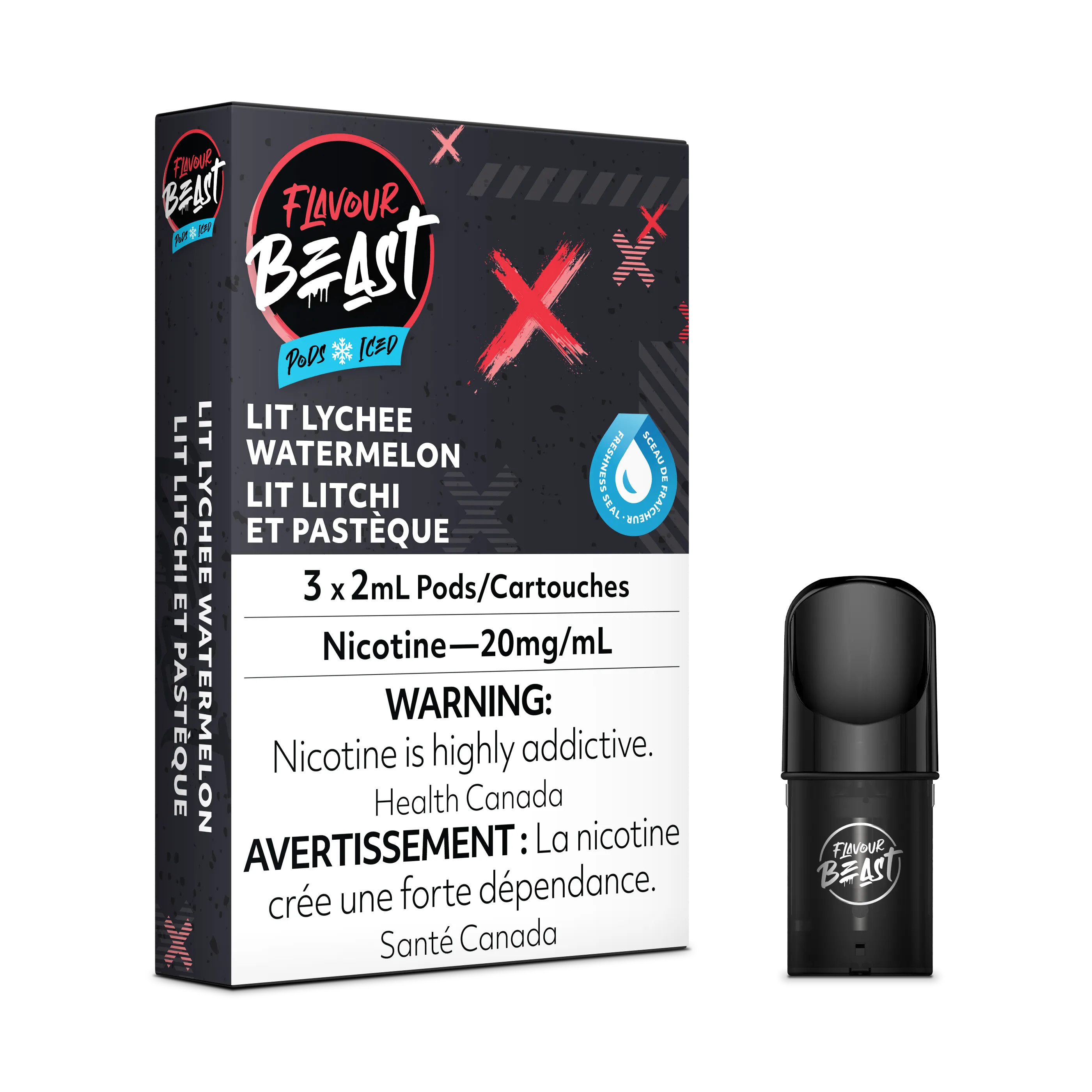 Flavour Beast Flow Pods, Lit Lychee Watermelon Iced, 3-pack with a single black pod.