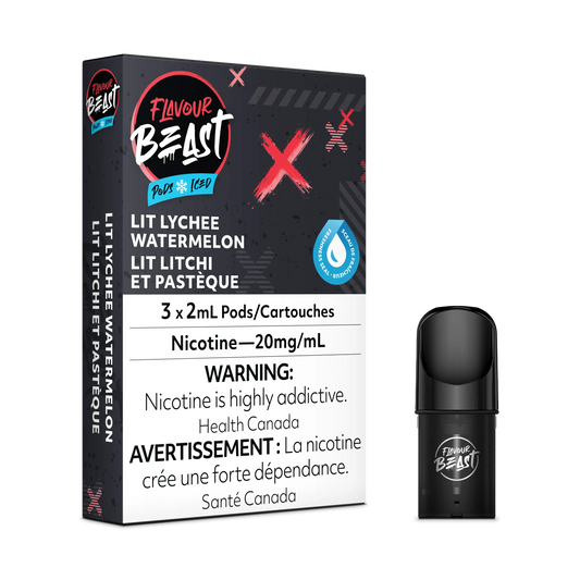 Flavour Beast Flow Pods, Lit Lychee Watermelon Iced, 3-pack with a single black pod.