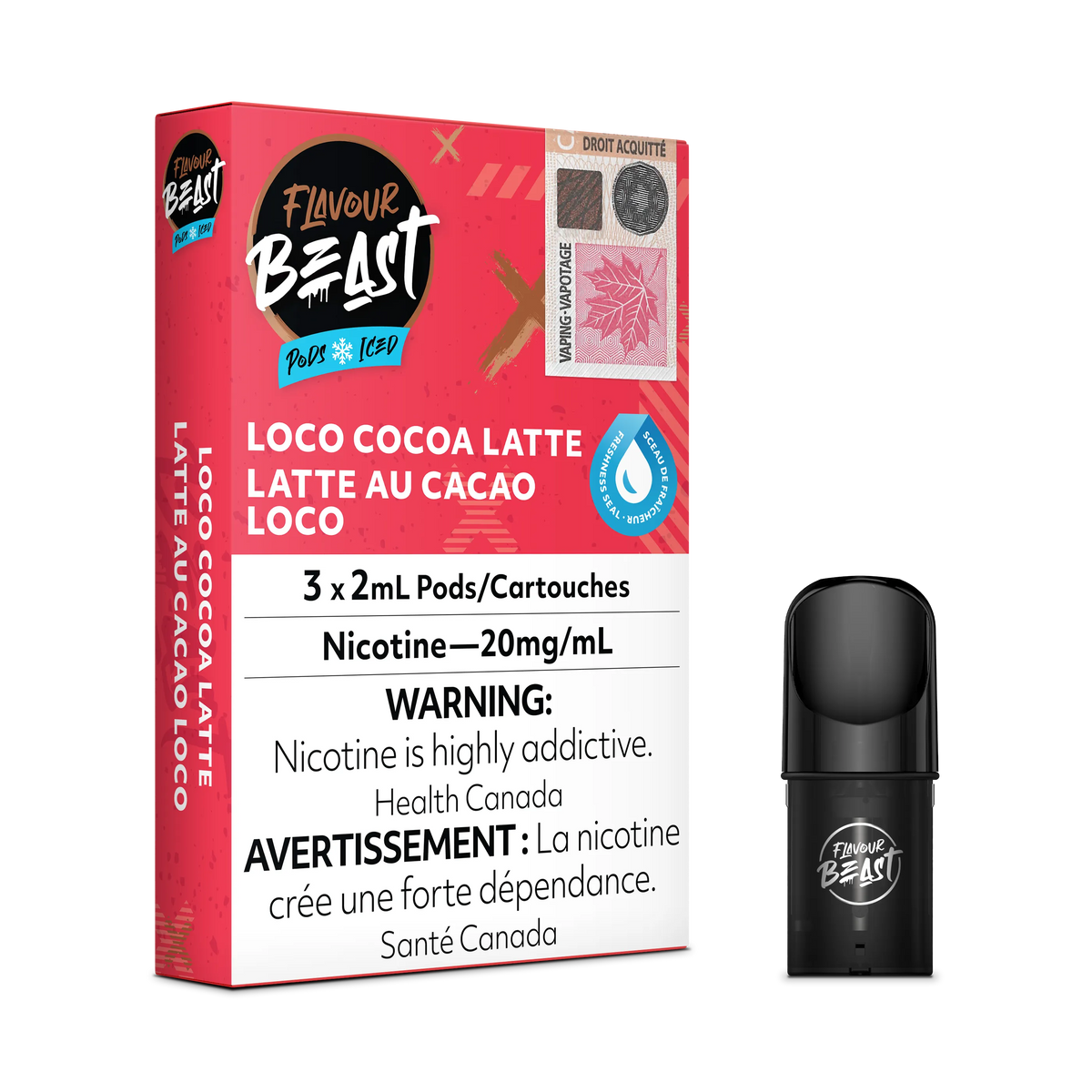 Flavour Beast Flow Loco Cocoa Latte 3-pack pods with red packaging and a single black pod.