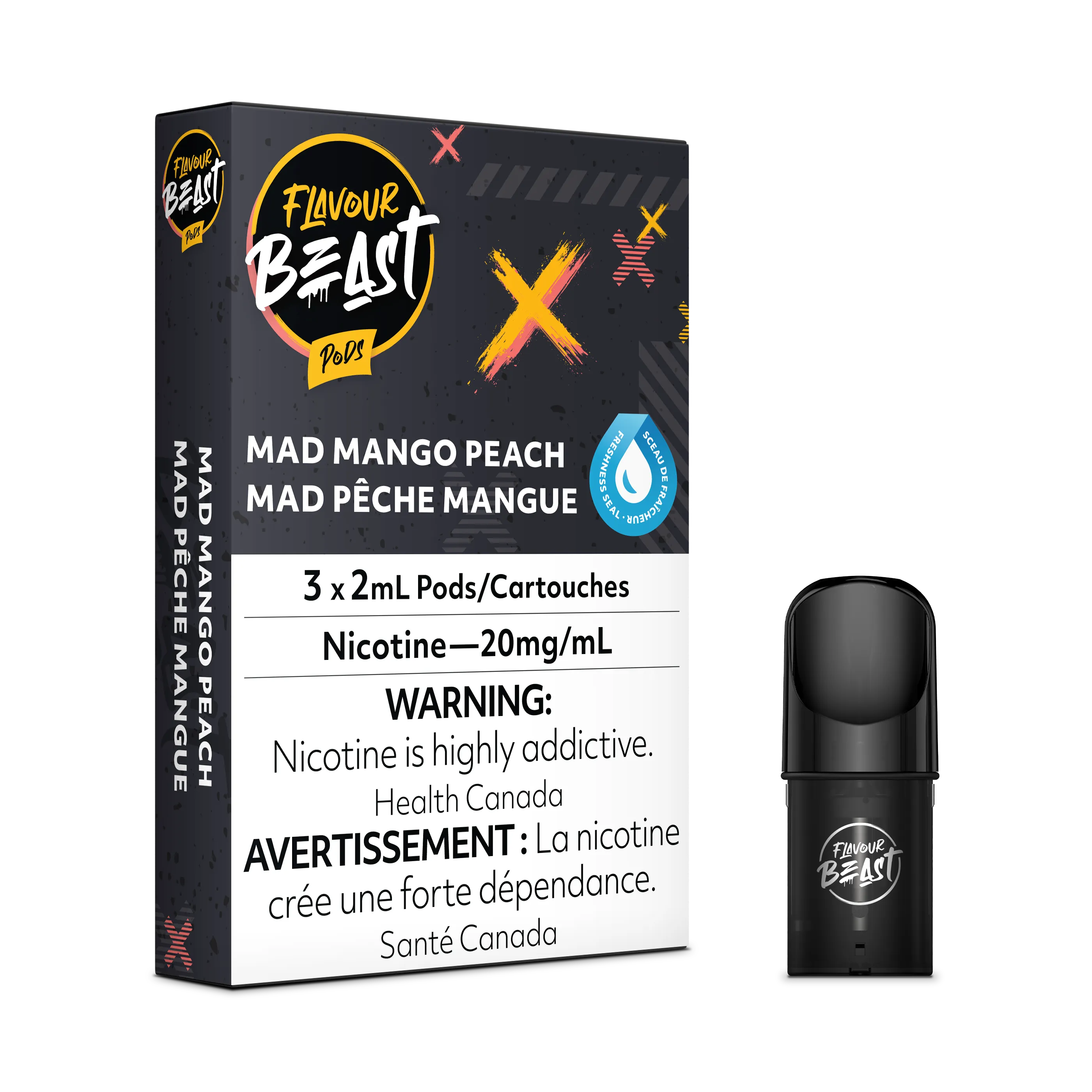 Flavour Beast Flow Pods Mad Mango Peach 3-pack with a single black pod, 20mg/mL nicotine.