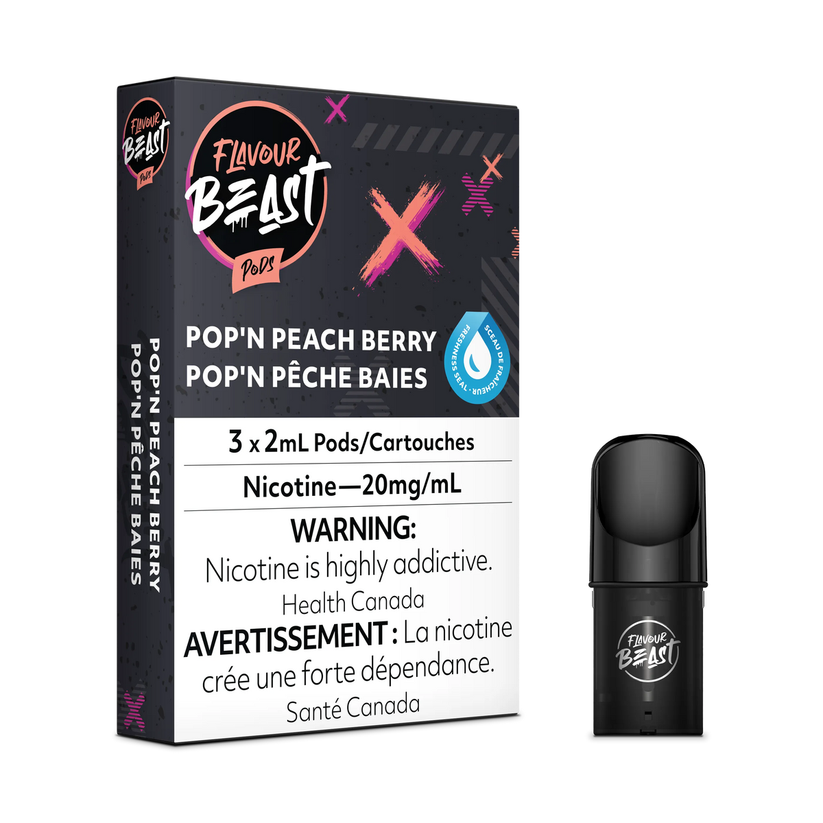 Flavour Beast Flow Pods, Pop'n Peach Berry, 3-pack box with a single black pod.