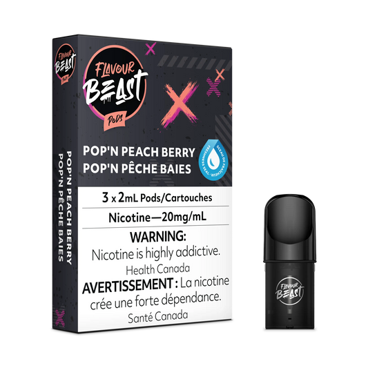 Flavour Beast Flow Pods, Pop'n Peach Berry, 3-pack box with a single black pod.