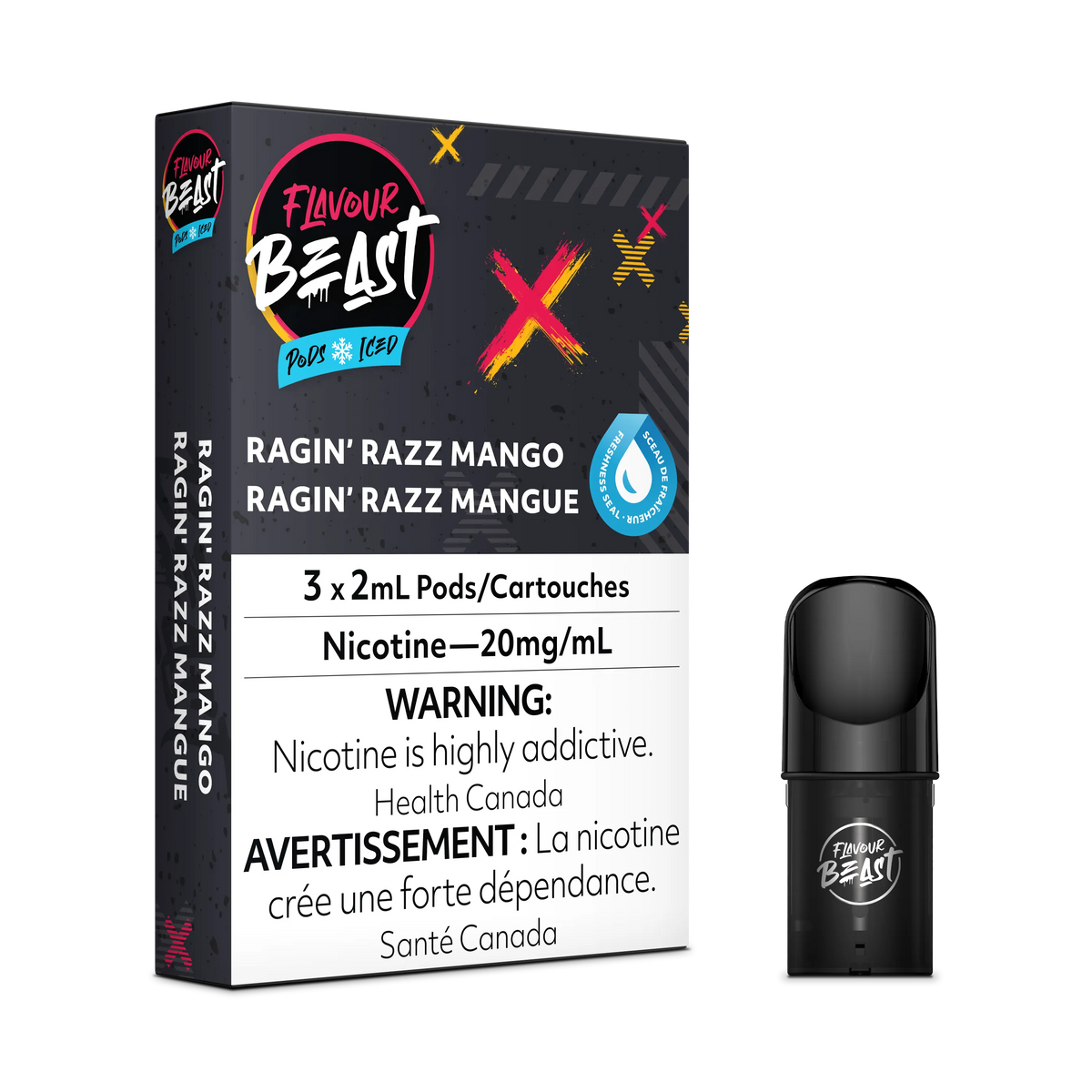 Flavour Beast Flow Pods Ragin' Razz Mango Iced 3-pack with a single black pod, 20mg/mL nicotine.