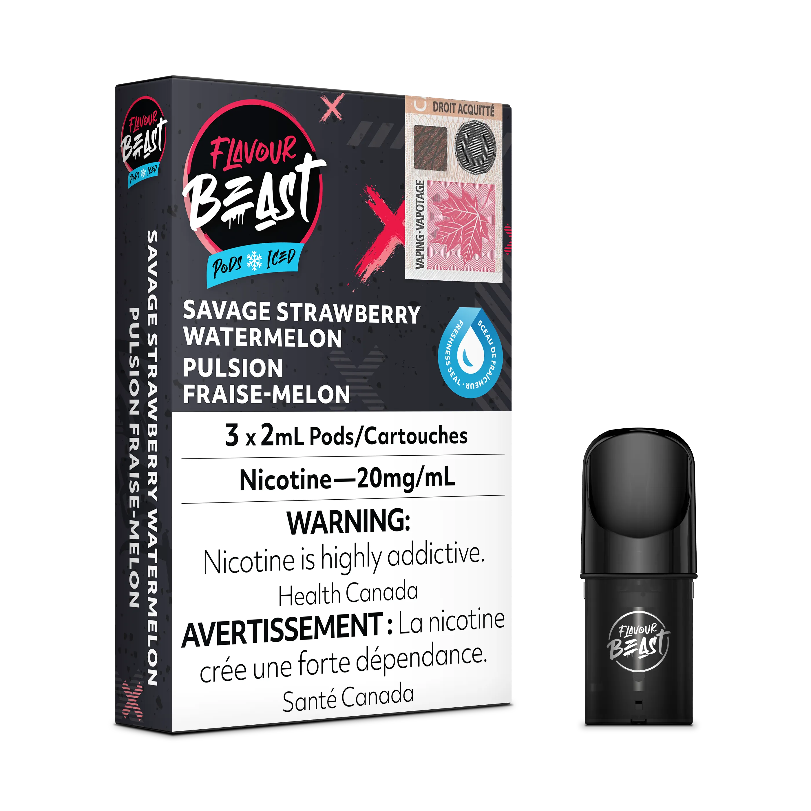 Flavour Beast Flow Pods Savage Strawberry Watermelon Iced 3-pack with black pod.