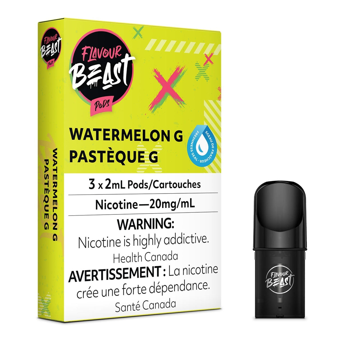 Flavour Beast Flow Watermelon G pods 3-pack, 20mg/mL nicotine, with one black pod shown.