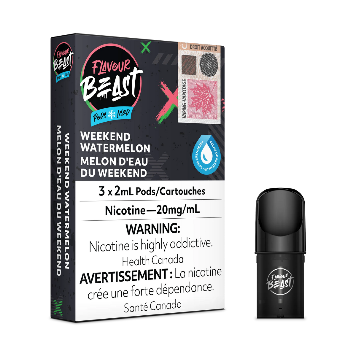 Flavour Beast Flow Pods Weekend Watermelon Iced 3-pack box and a single black pod.