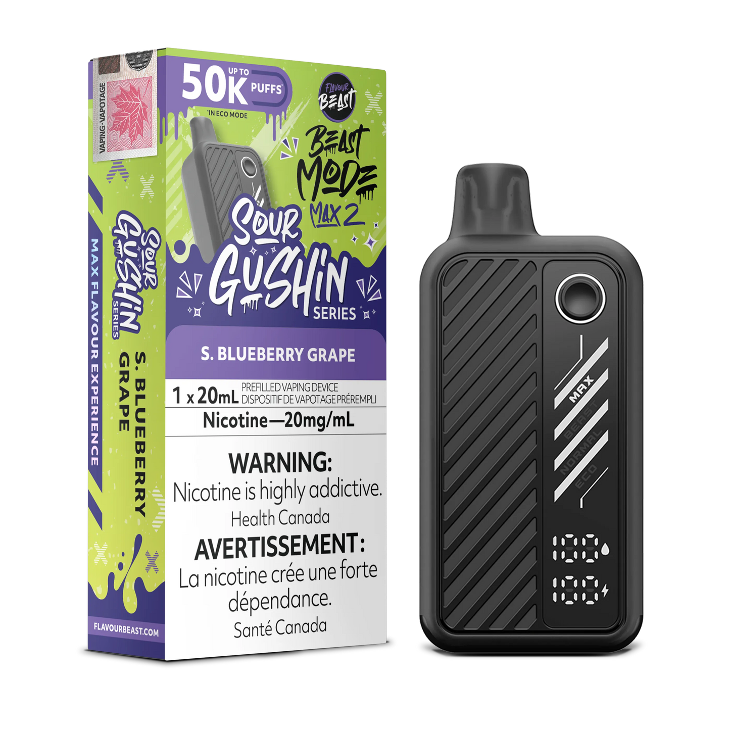 Sour Gushin S. Blueberry Grape Flavour Beast Mode Max 2 - Disposable 50K