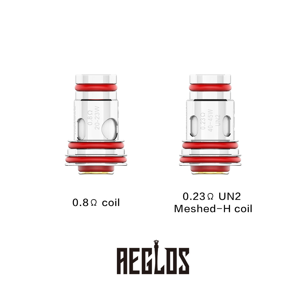 Two Uwell Aeglos replacement coils, white with red O-rings, showing 0.8Ω and 0.23Ω UN2 Meshed-H options.