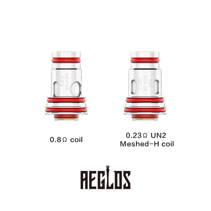 Two Uwell Aeglos replacement coils, white with red O-rings, showing 0.8Ω and 0.23Ω UN2 Meshed-H options.