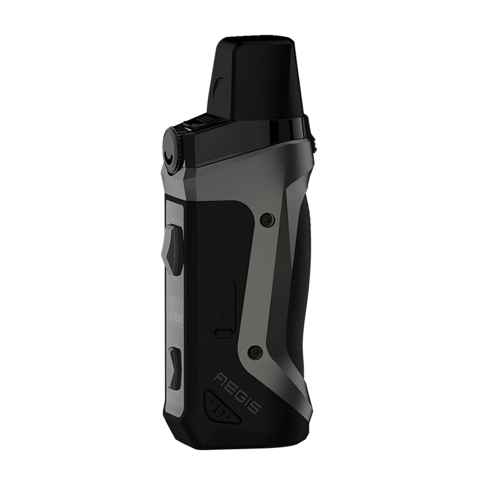Geekvape Aegis Boost SE Edition Pod Mod Kit with a black body, iridescent rainbow trim, and blue stitched leather grip.