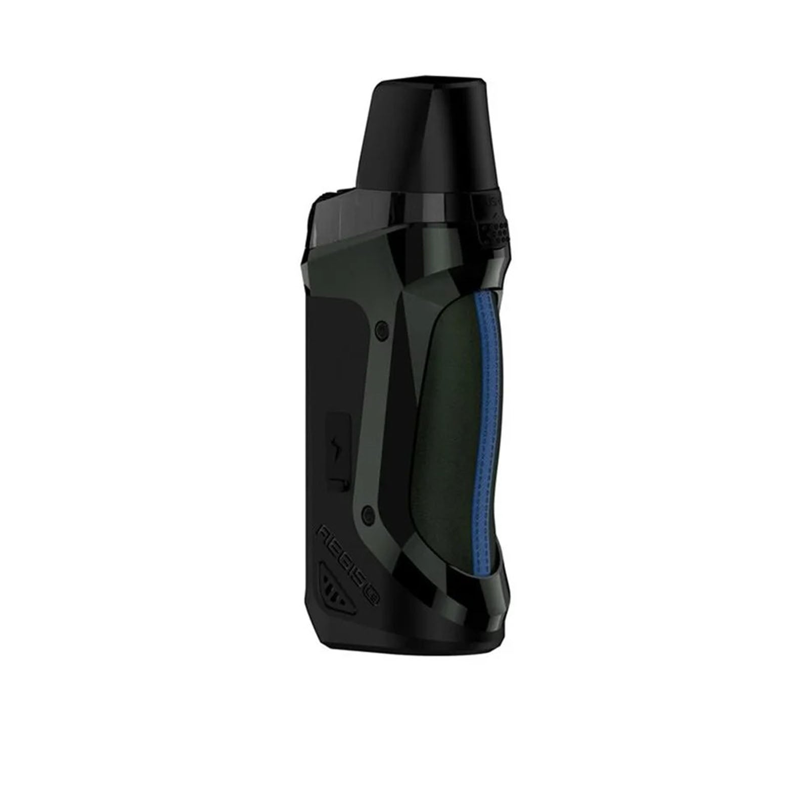 Geekvape Aegis Boost SE Edition Pod Mod Kit with a black body, iridescent rainbow trim, and blue stitched leather grip.