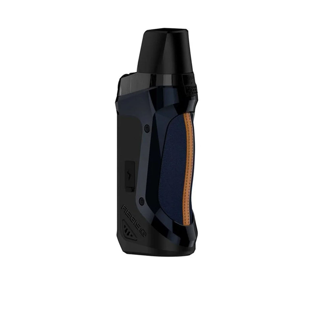Geekvape Aegis Boost SE Edition Pod Mod Kit with a black body, iridescent rainbow trim, and blue stitched leather grip.