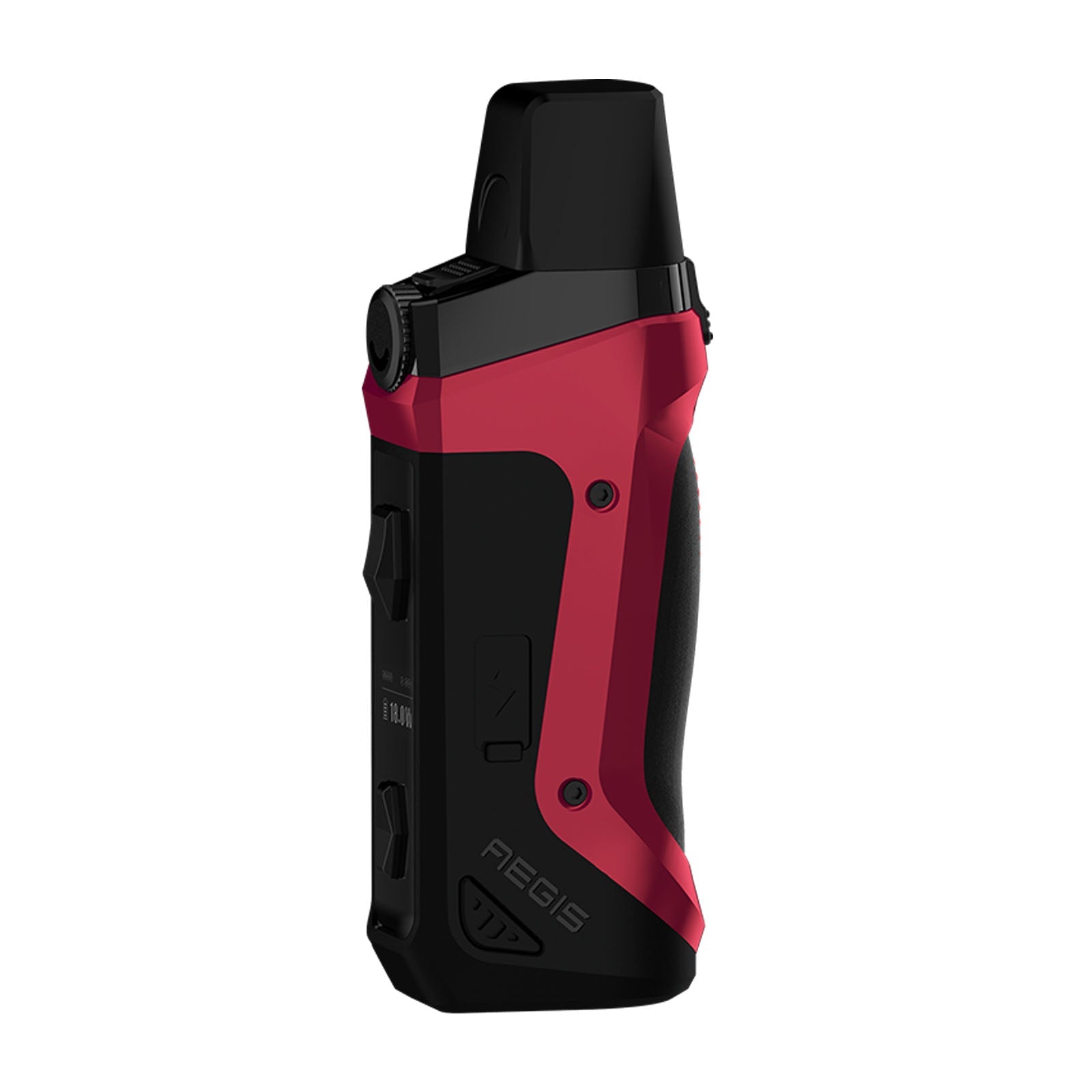 Geekvape Aegis Boost SE Edition Pod Mod Kit with a black body, iridescent rainbow trim, and blue stitched leather grip.