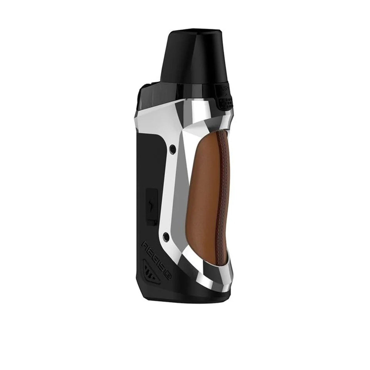 Geekvape Aegis Boost SE Edition Pod Mod Kit with a black body, iridescent rainbow trim, and blue stitched leather grip.
