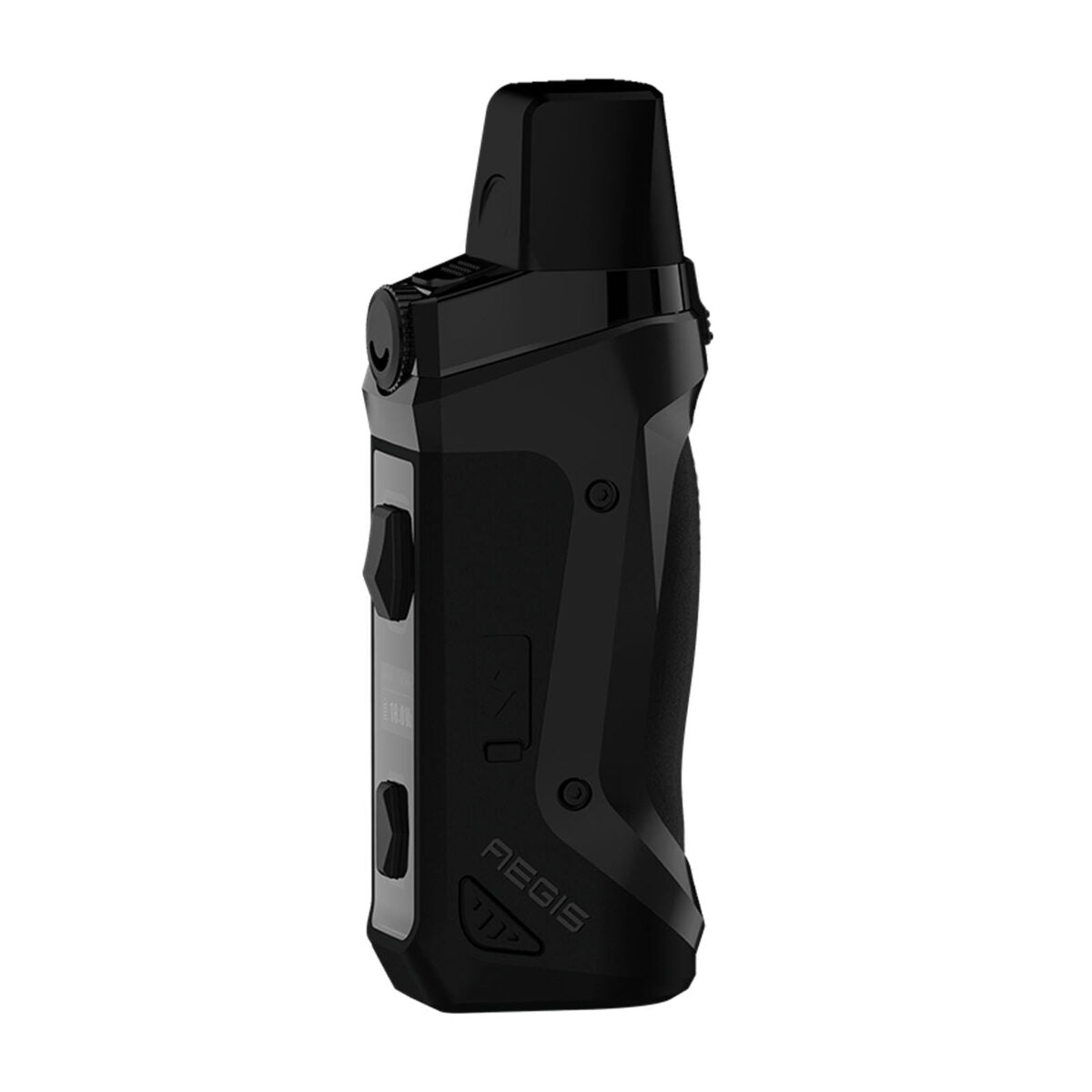 Geekvape Aegis Boost SE Edition Pod Mod Kit with a black body, iridescent rainbow trim, and blue stitched leather grip.