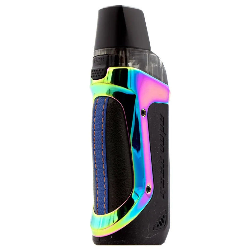 Geekvape Aegis Boost SE Edition Pod Mod Kit with a black body, iridescent rainbow trim, and blue stitched leather grip.