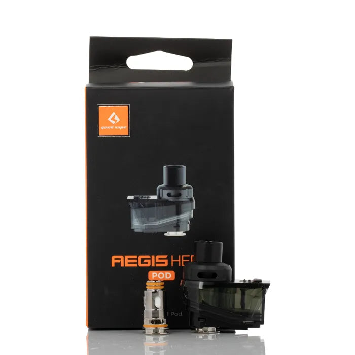 Geekvape Aegis Hero replacement pod and coil with black packaging, featuring a clear dark grey pod.