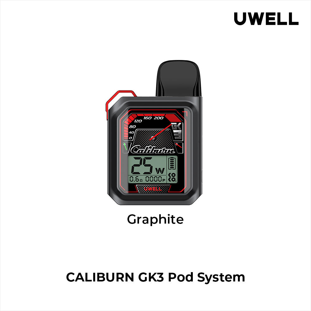 Uwell Caliburn GK3 Pod Kit in silver with screen, black pod, and brown leather-look accents.