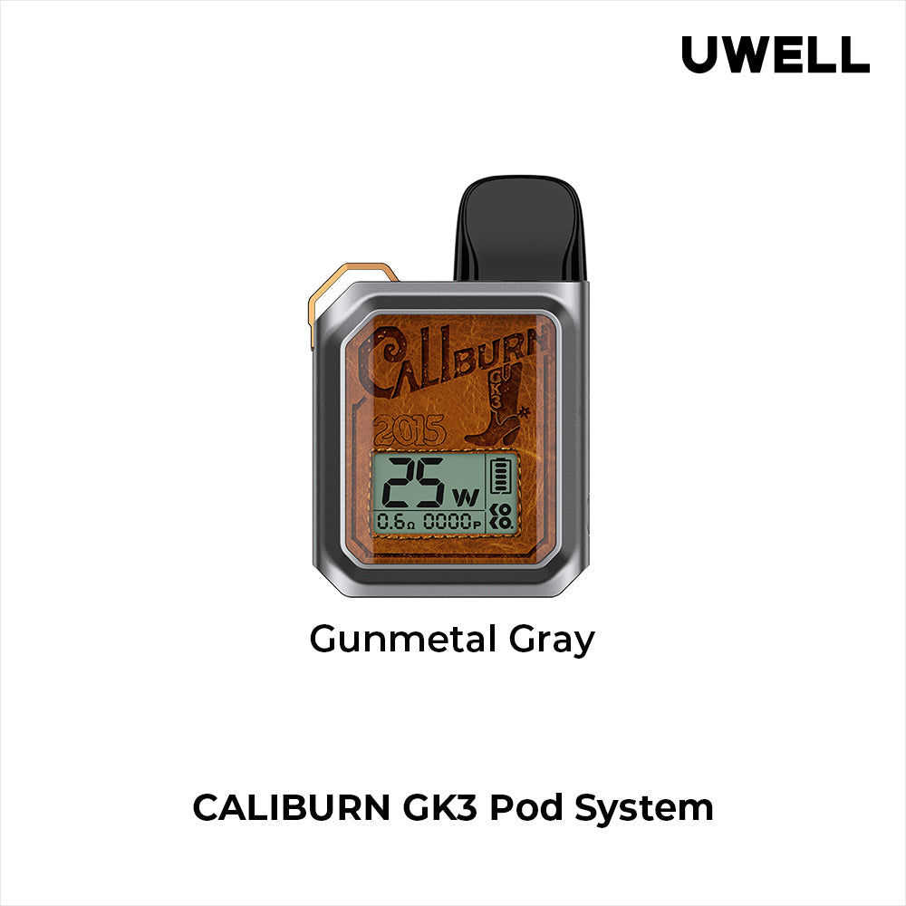 Uwell Caliburn GK3 Pod Kit in silver with screen, black pod, and brown leather-look accents.