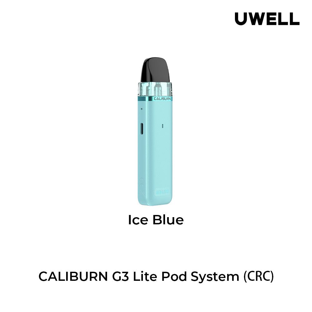 Uwell Caliburn G3 Lite Pod Kit in black, showing front, back, side views, and top/bottom of the pod.