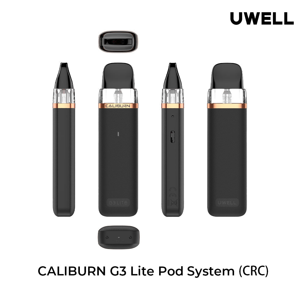 Uwell Caliburn G3 Lite Pod Kit in black, showing front, back, side views, and top/bottom of the pod.