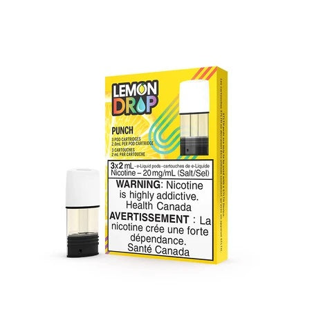 Lemon Drop Punch vape pods, 3-pack, 20mg nicotine, with one clear pod next to the yellow box.