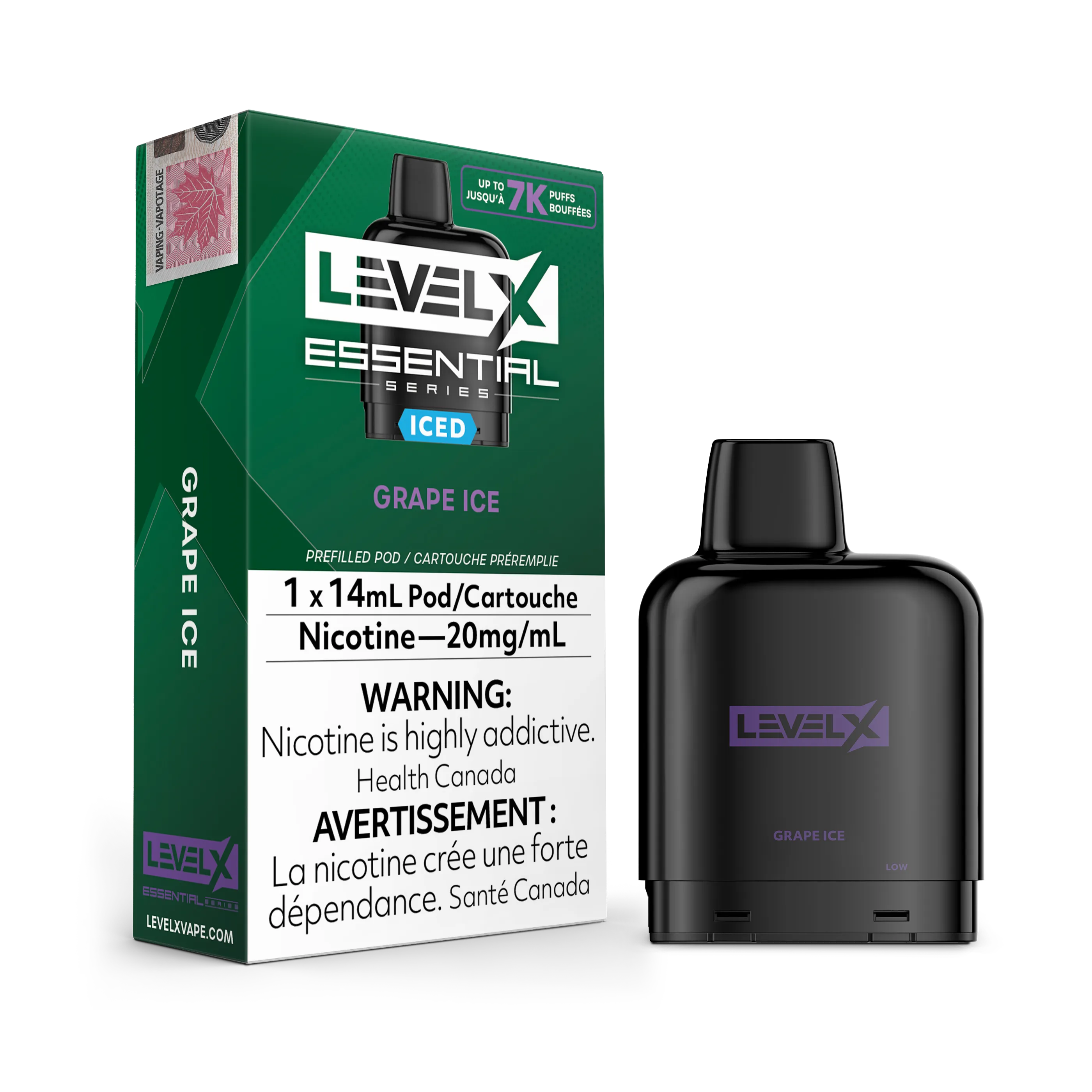 Level X Essential Pods 7K in Minty flavor, with a black pod and green packaging.