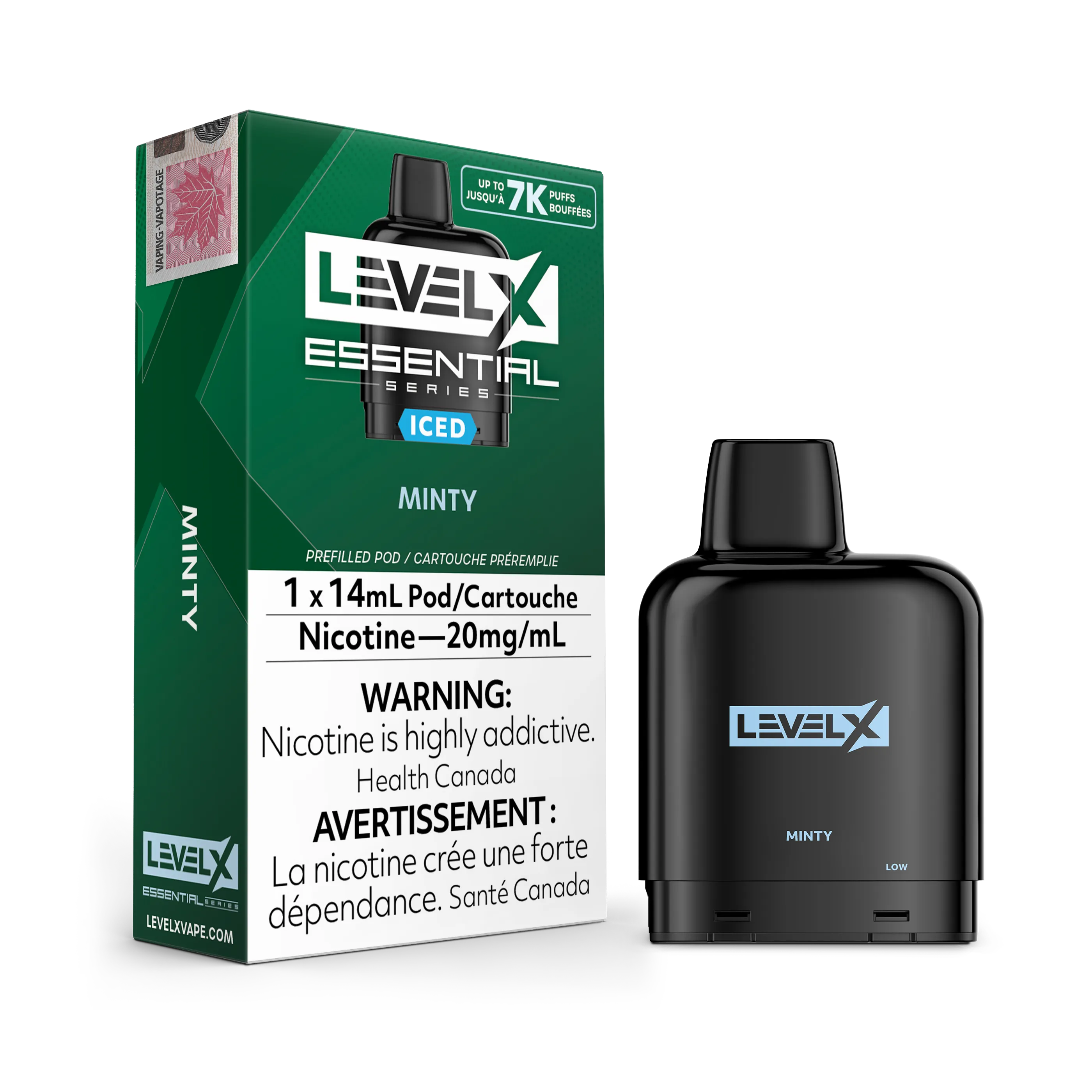 Level X Essential Pods 7K in Minty flavor, with a black pod and green packaging.