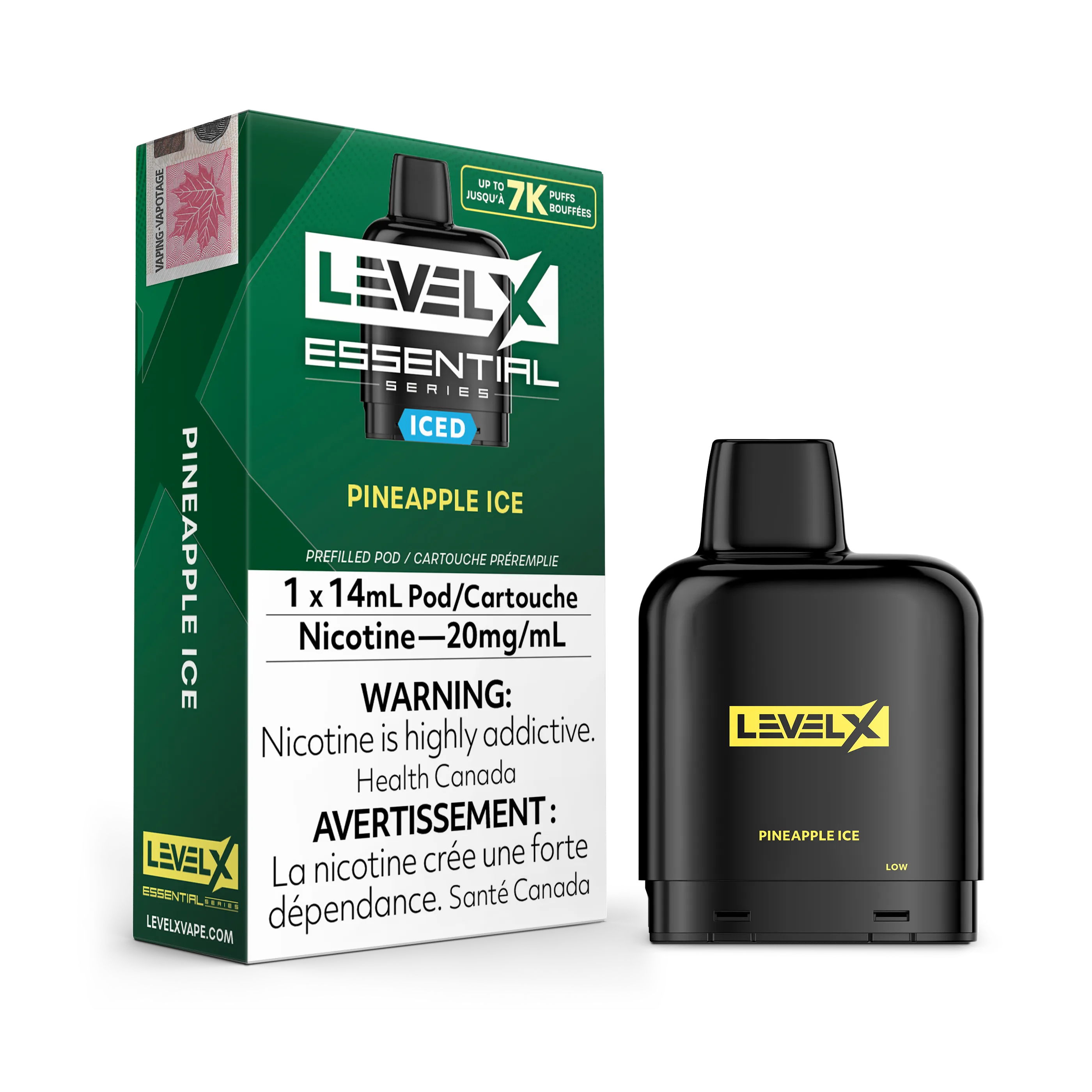 Level X Essential Pods 7K in Minty flavor, with a black pod and green packaging.