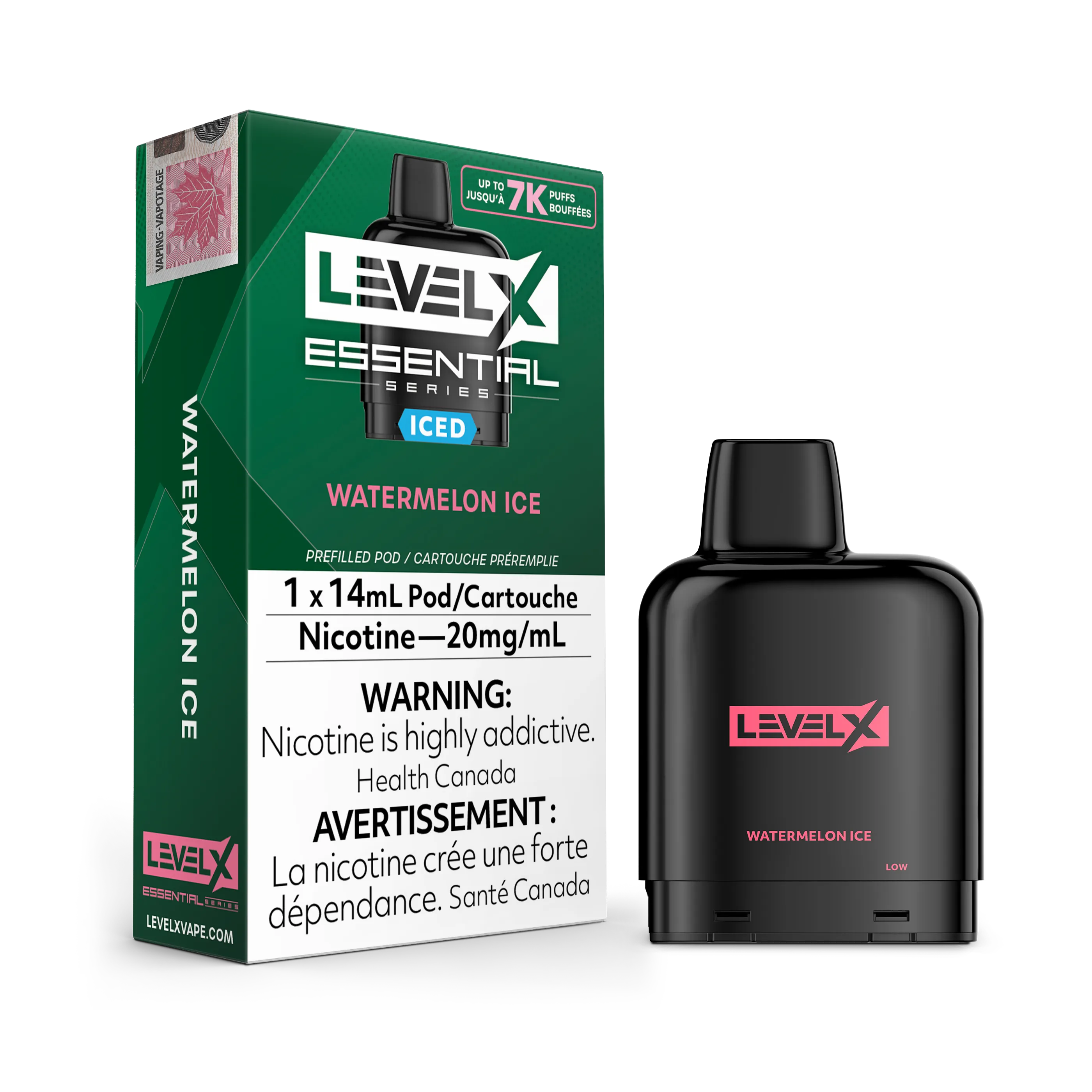 Level X Essential Pods 7K in Minty flavor, with a black pod and green packaging.