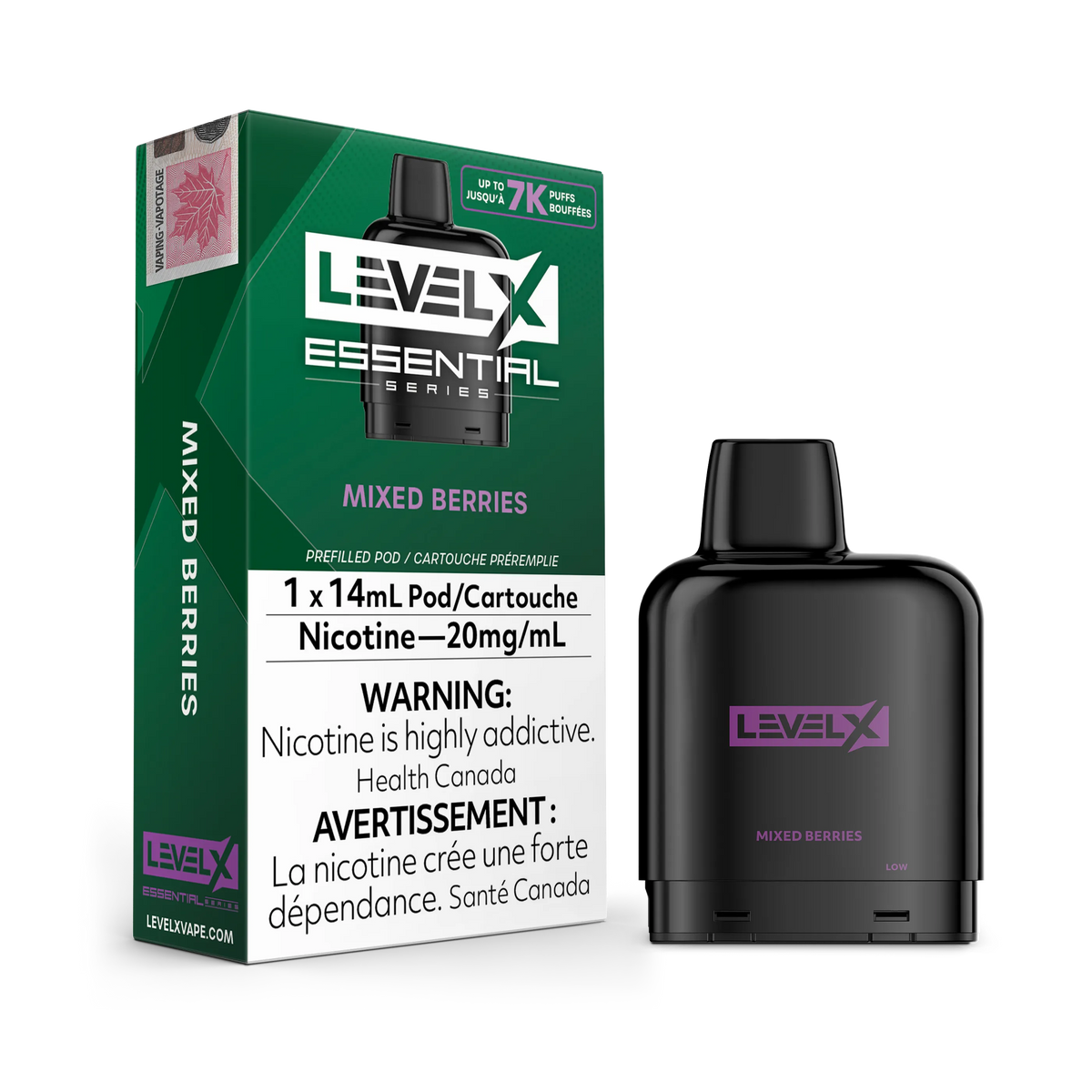 Level X Essential Pods 7K in Minty flavor, with a black pod and green packaging.