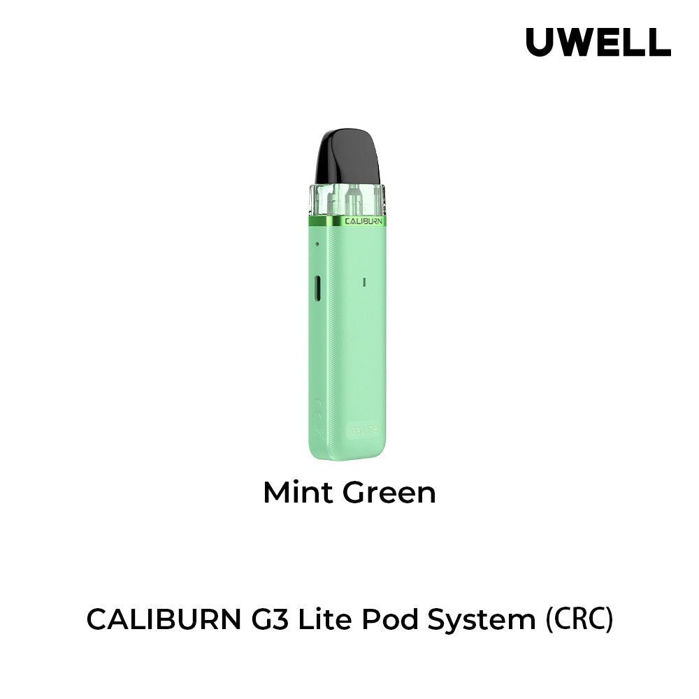 Uwell Caliburn G3 Lite Pod Kit in black, showing front, back, side views, and top/bottom of the pod.