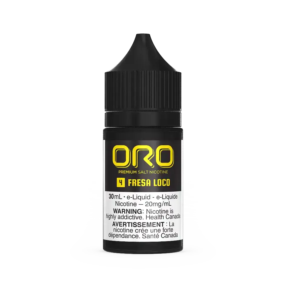 Black 30mL Oro Salt Fresa Loco e-liquid bottle with yellow and white text, black cap.