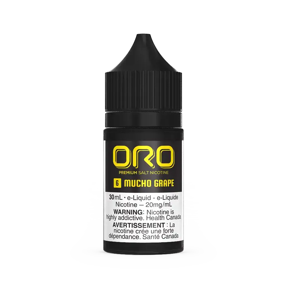 Oro Salt Mucho Grape 30ml e-liquid bottle with black cap and purple label.