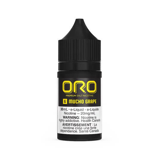 Oro Salt Mucho Grape 30ml e-liquid bottle with black cap and purple label.