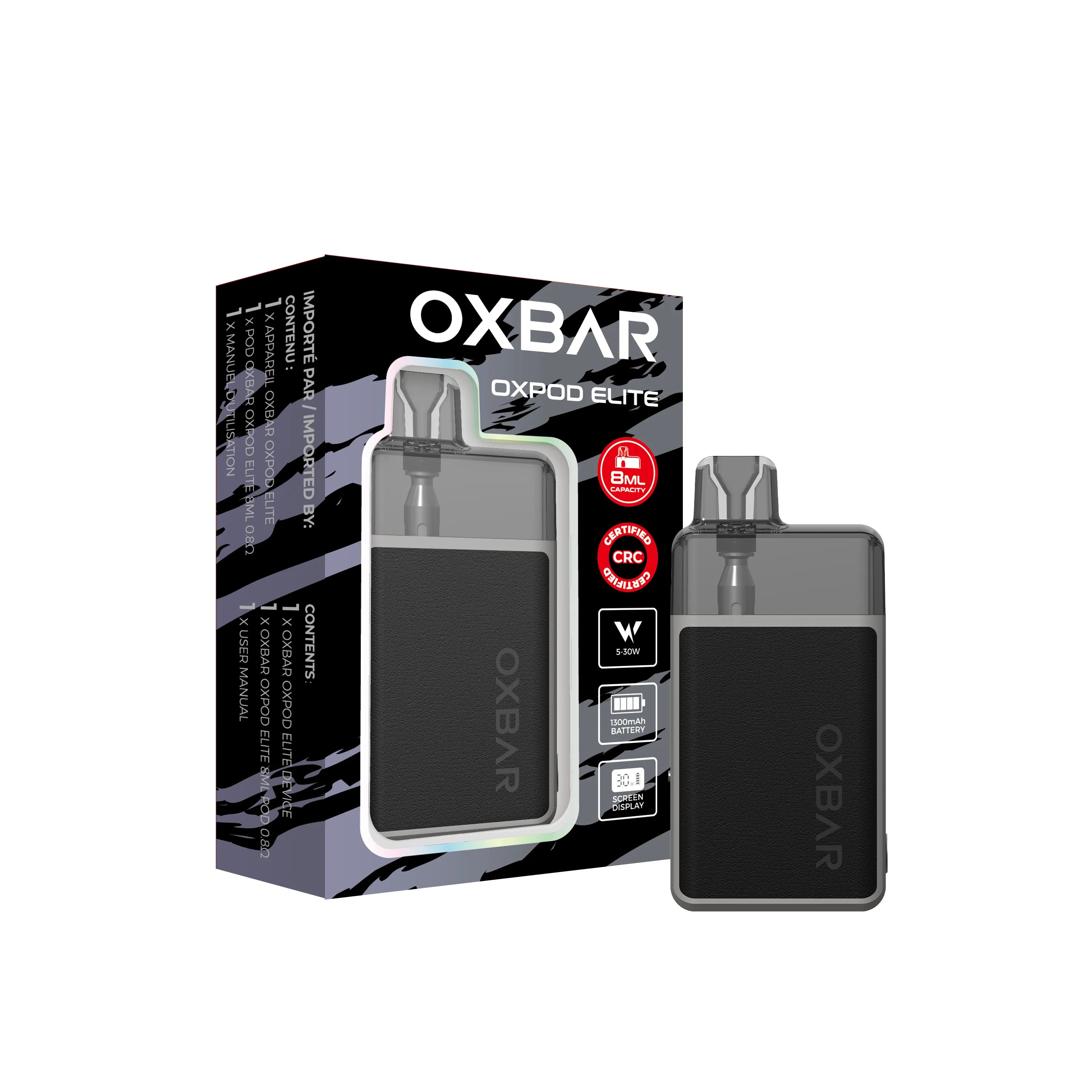 White Oxbar Oxpod Elite Kit with crocodile texture, clear pod, and display, next to its packaging.