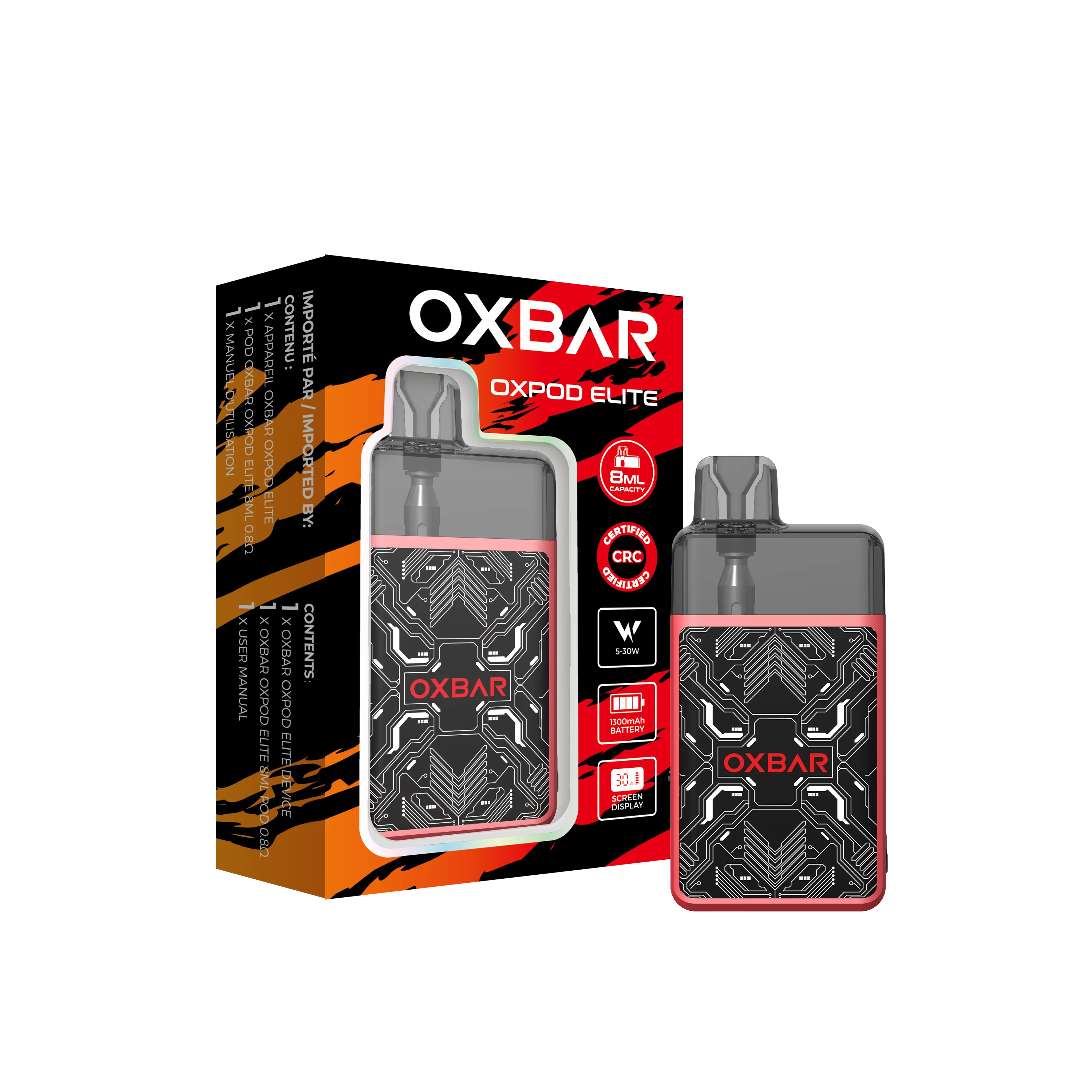 White Oxbar Oxpod Elite Kit with crocodile texture, clear pod, and display, next to its packaging.