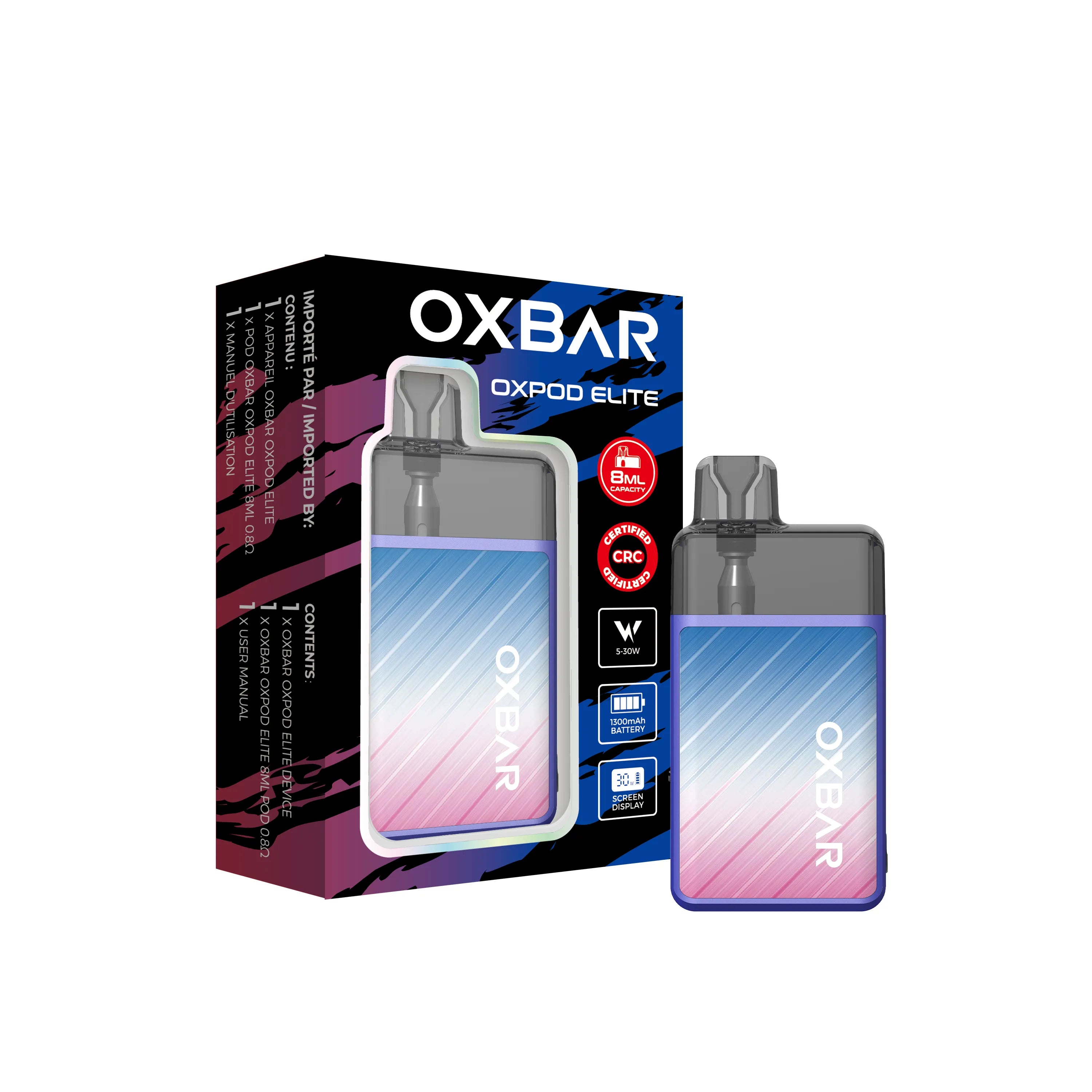 White Oxbar Oxpod Elite Kit with crocodile texture, clear pod, and display, next to its packaging.