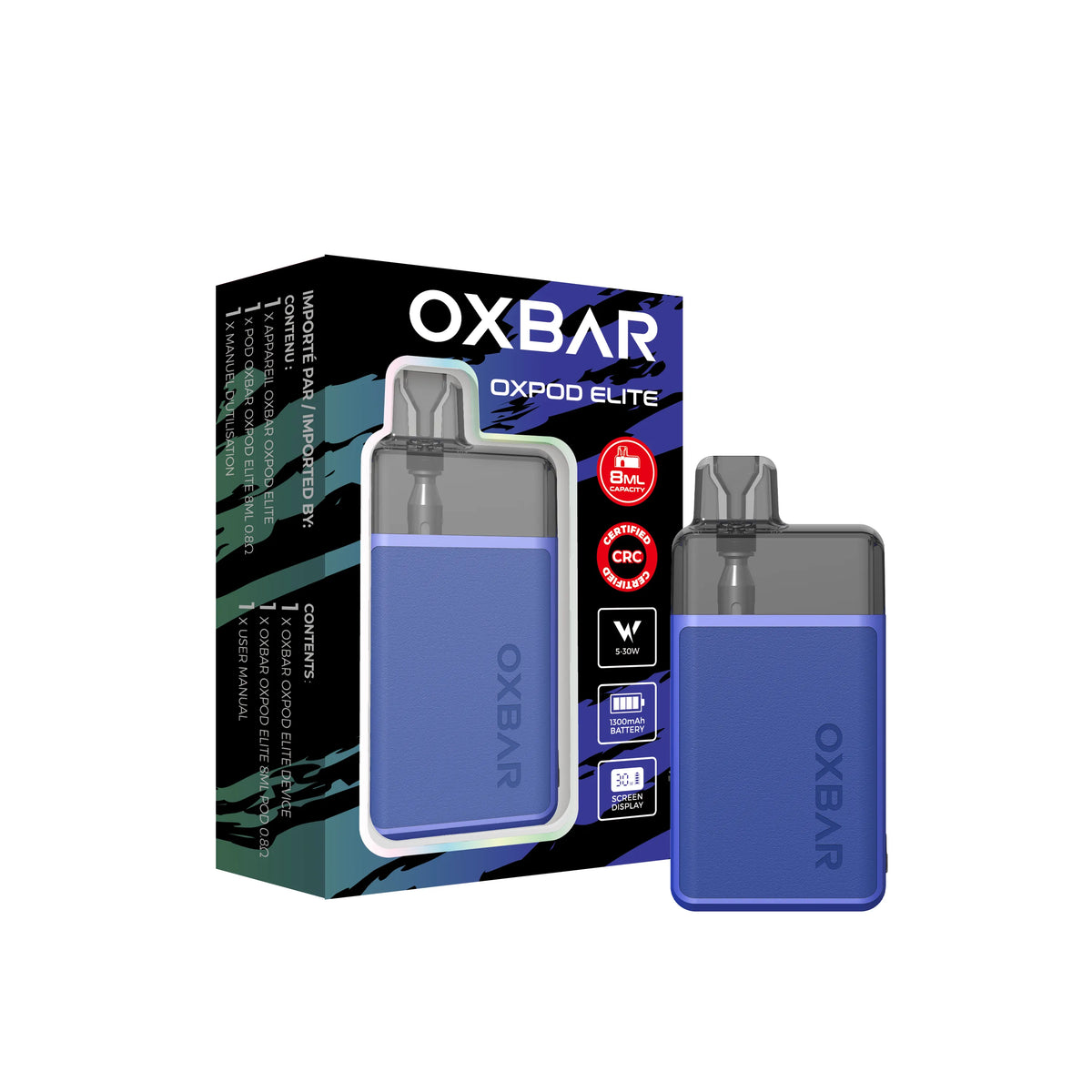 White Oxbar Oxpod Elite Kit with crocodile texture, clear pod, and display, next to its packaging.