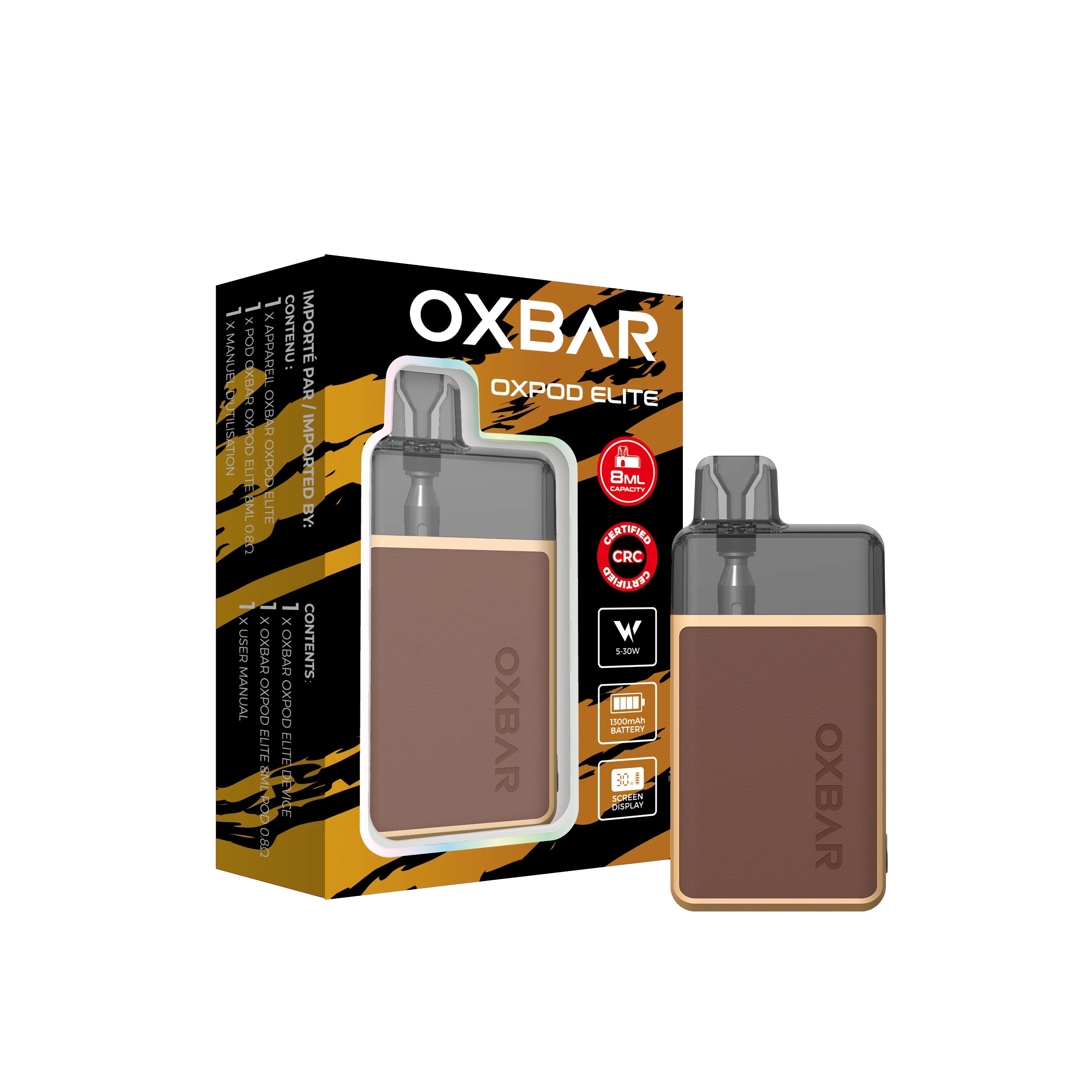 White Oxbar Oxpod Elite Kit with crocodile texture, clear pod, and display, next to its packaging.