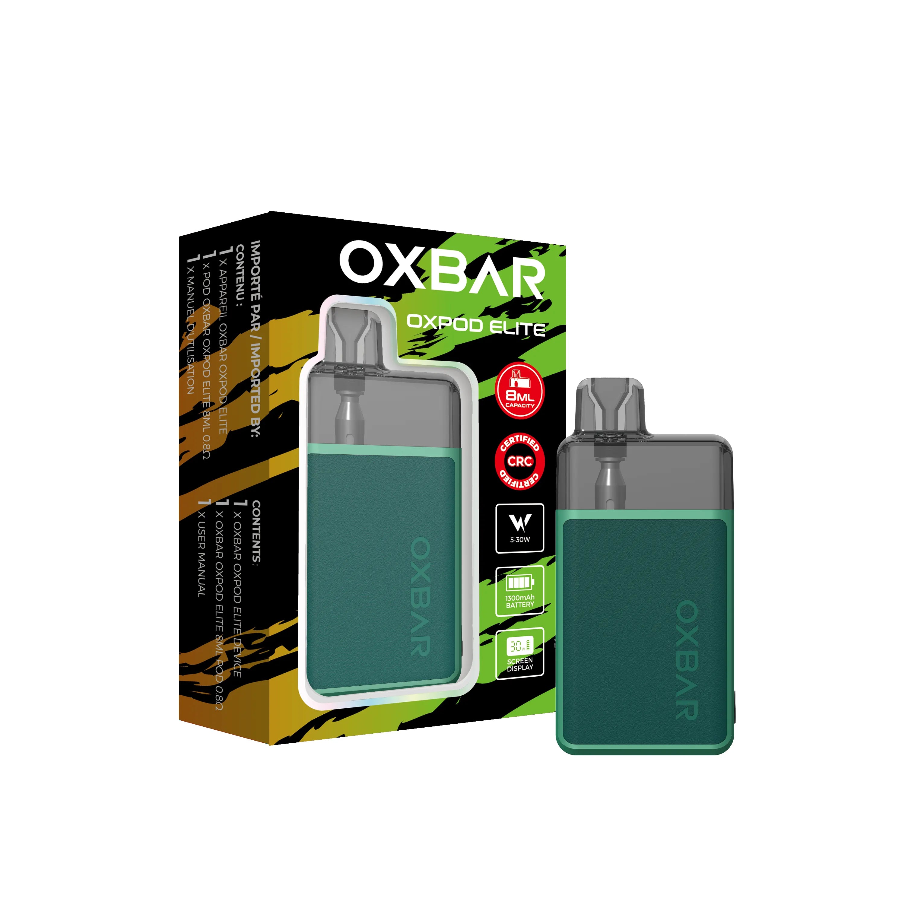 White Oxbar Oxpod Elite Kit with crocodile texture, clear pod, and display, next to its packaging.