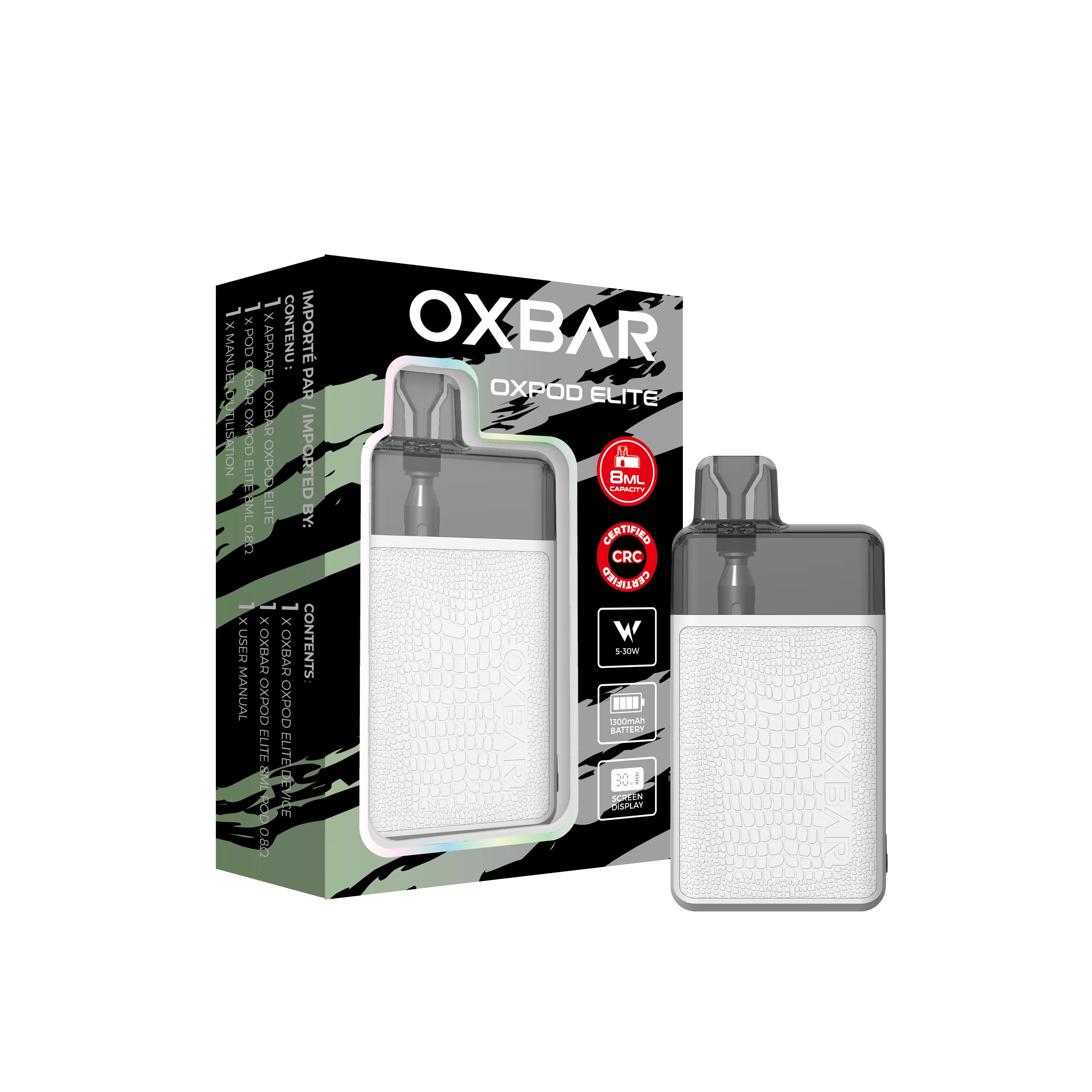 White Oxbar Oxpod Elite Kit with crocodile texture, clear pod, and display, next to its packaging.