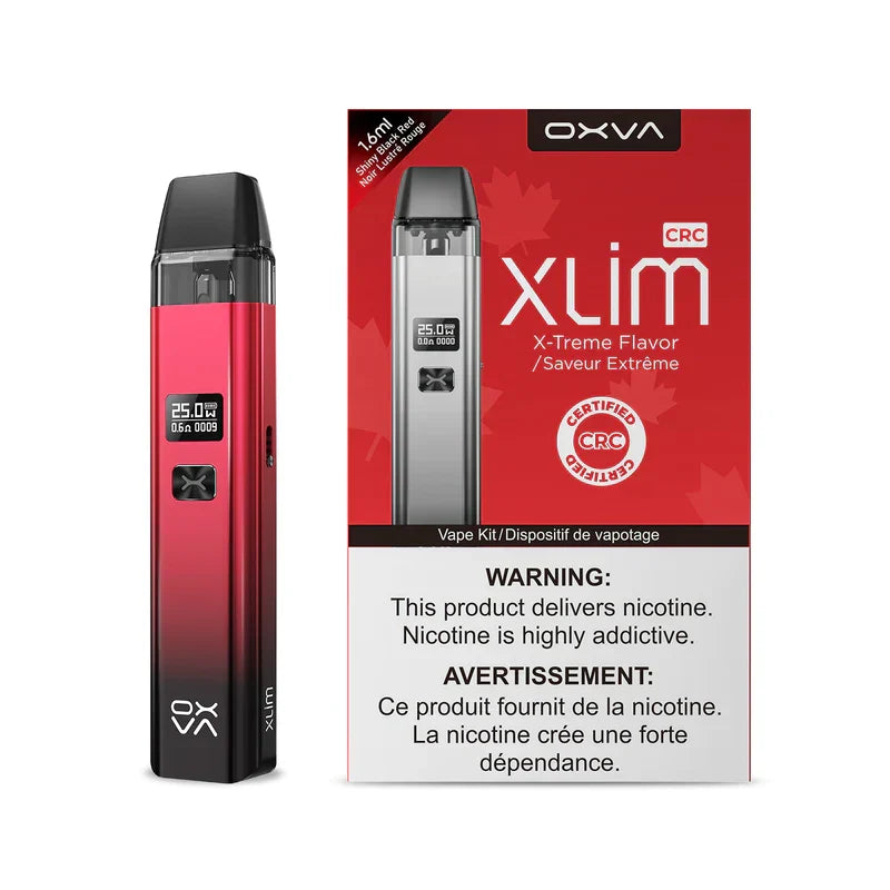 Red and black gradient Oxva Xlim Kit vape with OLED screen next to its red and black CRC packaging.