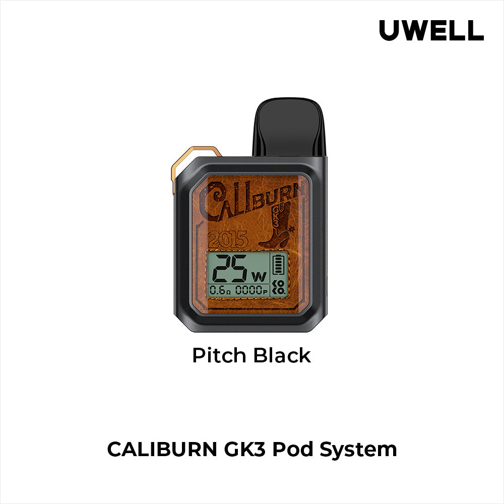Uwell Caliburn GK3 Pod Kit in silver with screen, black pod, and brown leather-look accents.