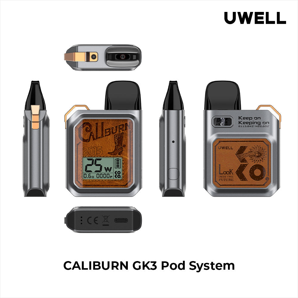 Uwell Caliburn GK3 Pod Kit in silver with screen, black pod, and brown leather-look accents.