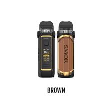 SMOK IPX 80 Kit CRC, black with brown leather grip, gold accents, and digital display.