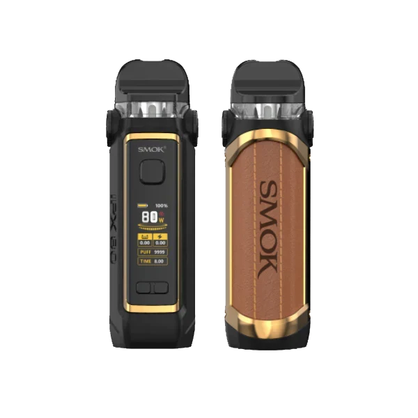 SMOK IPX 80 Kit CRC, black with brown leather grip, gold accents, and digital display.